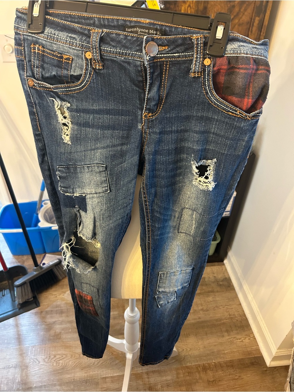 Forever 21 Dark Blue Distressed Patchwork Ankle Jeans with Plaid Accents